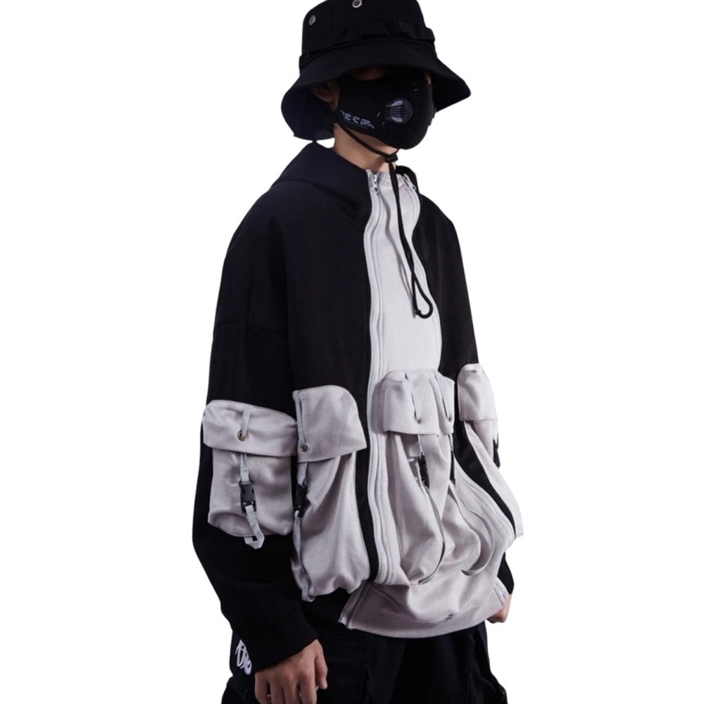 Niepce Men’s Patchwork Functional Streetwear Zip Up Hoodie Cargo Sweatshirt Sz L